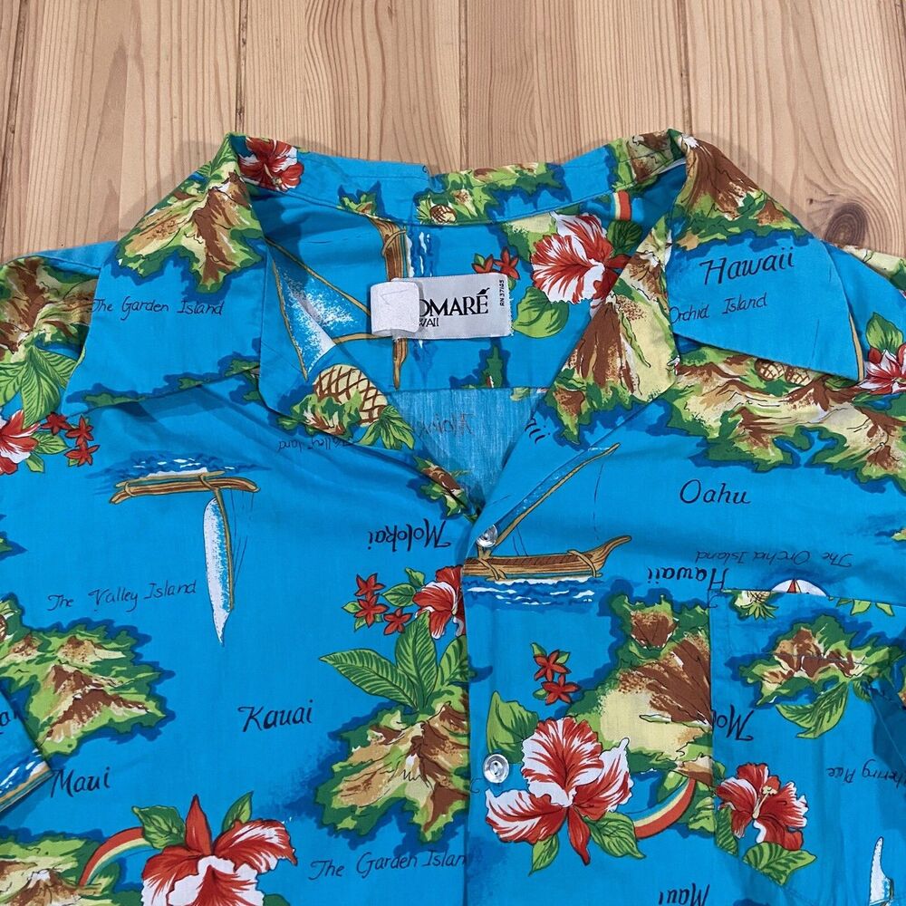 Vintage Pomare Shirt Mens XL or 2XL Blue Yellow Hawaiian Islands